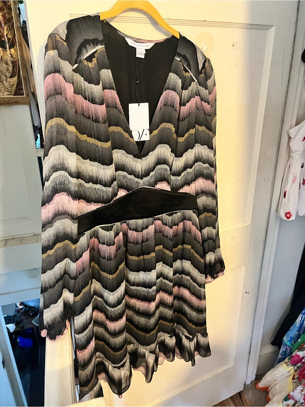 Diane Von Furstenberg Black Dress with Pink, Yellow and Gray Wave Print